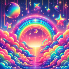Rainbow unicorn background. Pastel glitter pink fantasy galaxy. Magic mermaid sky with bokeh. Holographic kawaii abstract space with stars and sparkles. Vector