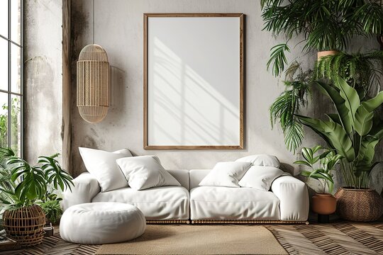 Mockup poster frame on the wall. Scandinavian living room with a big template of a picture on the wall would feature a clean, simple design with natural materials and neutral colors. 3d rendering.