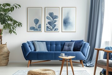 Modern interior with blue sofa, curtains. Armchair and table. Posters on white wall. Wooden accessories. Home decor.