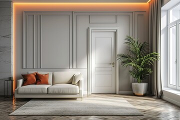 Modern living room interior with door 3d rendering