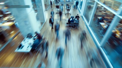 Obraz premium Employees in a contemporary office space. In a modern office setting with dynamic motion blur, business professionals collaborate in a shared workspace
