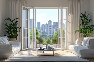 Modern style white living room with large open door overlooking city view 3d render, Decorate with white fabric furniture ,Sunlight shines into the room