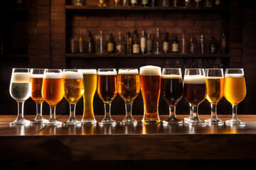 Cold mugs and glasses of beer on the old wooden table at the black background. Assortment of beer - 739128769