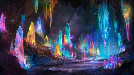 Within the depths of a spectral cavern, on Pride Day, a dazzling display of luminescent crystals illuminates the darkness.