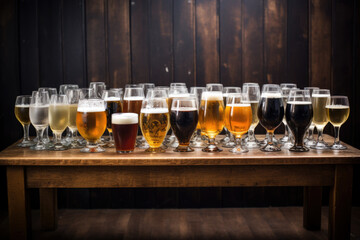 Cold mugs and glasses of beer on the old wooden table at the black background. Assortment of beer - 739128788