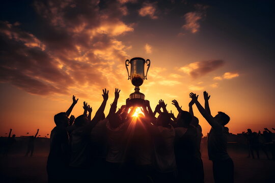 A group of people holding up a trophy at sunset
