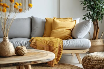 The stylish boho compostion at living room interior with design gray sofa, wooden coffee table, commode and elegant personal accessories. Honey yellow pillow and plaid. Cozy apartment. Home decor