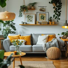 The stylish boho interior of living room at nice apartment with gray sofa, wooden desk, bamboo...