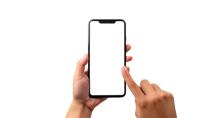 Smartphone with hand, white screen, front view, and white background. Handphone mockup.