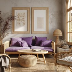 White and purple colors dominate this Japandi timber living room. Rattan furniture and wooden furniture. Mockup of wallpaper and frames, farmhouse style interior design