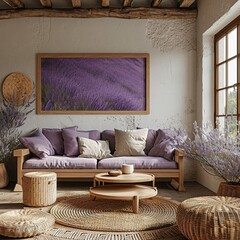 White and purple colors dominate this Japandi timber living room. Rattan furniture and wooden furniture. Mockup of wallpaper and frames, farmhouse style interior design