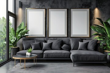 Three frames mockup with dark sofa in a modern living room interior, 3d render