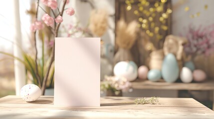 Naklejka na ściany i meble Easter decor concept. Minimalistic card mockup with easter eggs decor in the background.