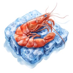  tiger prawn arrangement on ice, type of meat, cute cartoon, full body, watercolor illustration.