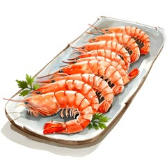 tiger prawn arrangement on long dish, type of meat, cute cartoon, full body, watercolor illustration.