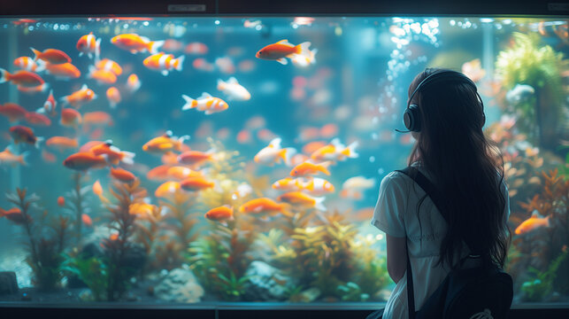 A woman immersed in a LOFI ambiance, wearing headphones and a backpack, stands in front of an aquarium, peacefully observing the fish as they swim.