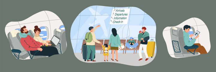 Set of vector flat hand drawn scenes of happy passengers in the airport international terminal with luggage, departure board, airport scene, airplane scenes with gadgets, sleeping passenger.