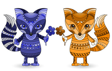Set of illustrations in stained glass style with abstract cartoon Fox and raccoon isolated on a white background, tone blue and brown