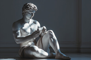 Antique marble sculpture with gamepad. Greek statue holding a joystick playing a video game. Gaming concept, modern digital entertainment and ancient art. Modern technology, game addiction