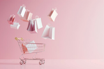 Shopping cart with flying bags. Sale, Black Friday concept, shopping season, purchase, discounts. Shopping cart full of different shopping bags on pink background. Promotion, marketing