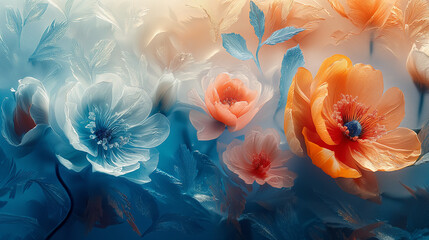 Orange and blue ice flowers arrangement - obrazy, fototapety, plakaty