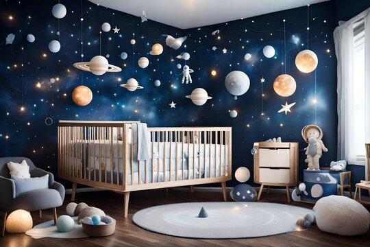 A space-themed baby bedroom with cosmic mobiles, celestial wall decals, and soft, twinkling lights. A dreamy atmosphere for a future little astronaut