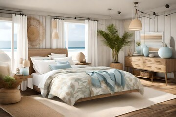 A coastal-themed bedroom with sea-inspired decor, light hues, and natural textures, providing a tranquil beachside retreat