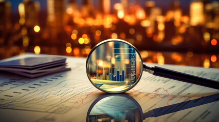 Magnifying Glass on Table, Close-up of a Detective Tool. Business Control over quotes and shares. Market research. Trader. - obrazy, fototapety, plakaty