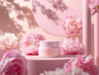 Product presentation podium adorned with pink peonies