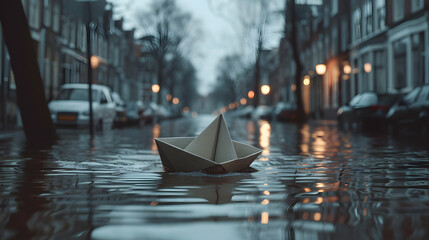 a flooded street with a paper boat floating in the center