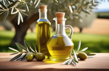 two bottles of olive oil,Olive oil and olive branch on wooden table with olives and olives,Olive Oil day