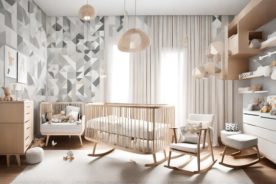 A modern baby's room with sleek furniture, geometric patterns, and a comfortable rocking chair for bedtime stories. A contemporary space for the littlest family member