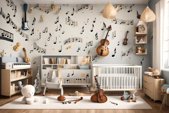 A musician-themed baby room with musical notes decor, instrument motifs, and a cozy reading nook for bedtime lullabies. A harmonious space for a little one