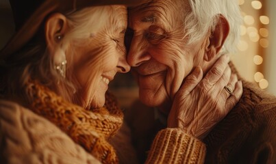 Happy, wonder, and joy people, close-up of an elderly couple smiling at each other, holding hands, with a soft focus on their intertwined fingers, natural light pouring in through a window behind them