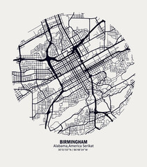 vector map of the city of Birmingham, Alabama, United States. Black and white for home walls and posters