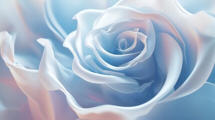 Macro shot: 3D wavy rose, spiral effect, pastel blend, adorned with snow and ice.