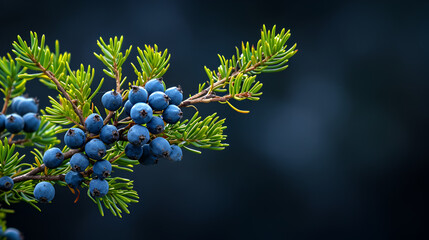 Juniper branch with berries on a black background copy space, generative ai - obrazy, fototapety, plakaty