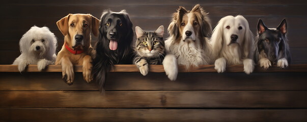 .a group of dogs and cats peering over a wooden, generative ai