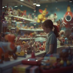 Toy store wonder. A young girl marvels at a collection of colorful toys on display in a toy store, surrounded by shelves filled with various playful items that create a joyful