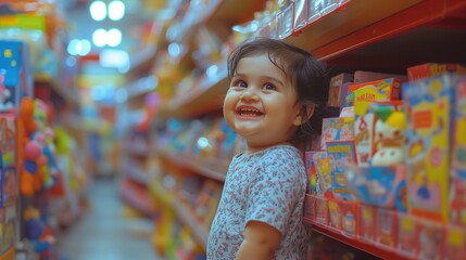 A joyful toddler in a floral shirt beams with delight in a toy store, with shelves brimming with vibrant toys in soft focus behind them.