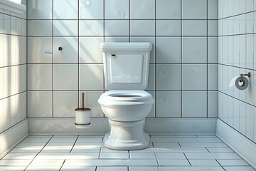 Modern toilet room interior with a ceramic toilet bowl, a toilet brush holder, and a roll of paper on a holder against tiled walls and floor, bathed in natural light.
