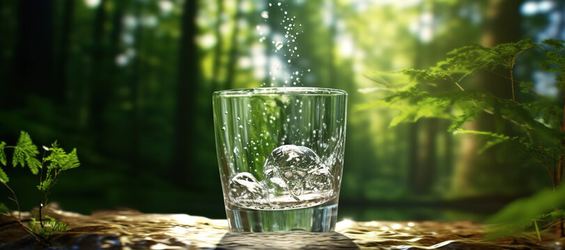 fresh clear mineral water in a glass with forest background 111