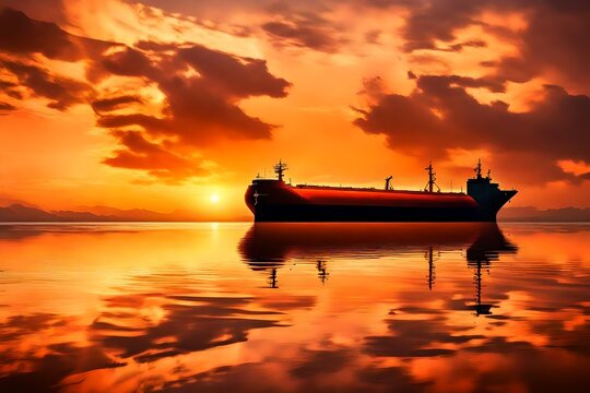 The reflection of an oil tanker on the water's surface at sunset, with the sky ablaze with warm hues, creating a serene and picturesque scene.