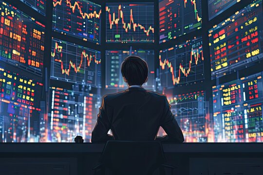 Experience the intensity as the modern stock trader dives into the tumultuous waves of the market, skillfully navigating the currents of change