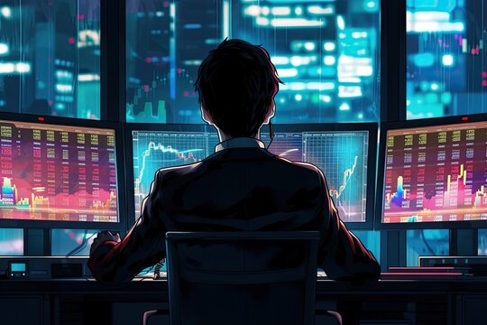 Experience the intensity as the modern stock trader dives into the tumultuous waves of the market, skillfully navigating the currents of change