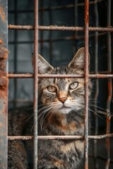Eine eingesperrte Katze in einem rostigen K&auml;fig 