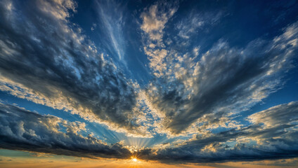 Vivid Blue Sky Embracing Sunlit Clouds in a Dramatic Landscape at Dusk