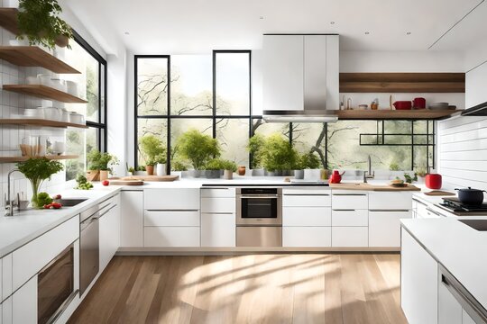 A minimalist kitchen with clean lines, white cabinets, and a pop of color from vibrant kitchenware. Large windows offer a view of a lush garden