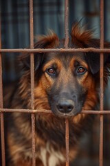 Ein trauriger Straßenhund eingesperrt im Käfig  - obrazy, fototapety, plakaty