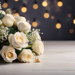 Obraz premium Bouquet of white roses on a wooden table with bokeh background